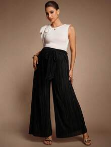 MaterniChic Pantalones anchos de pierna ancha, sueltos y texturizados de unicolor, para maternidad, de otoño - Negro - Ver 1