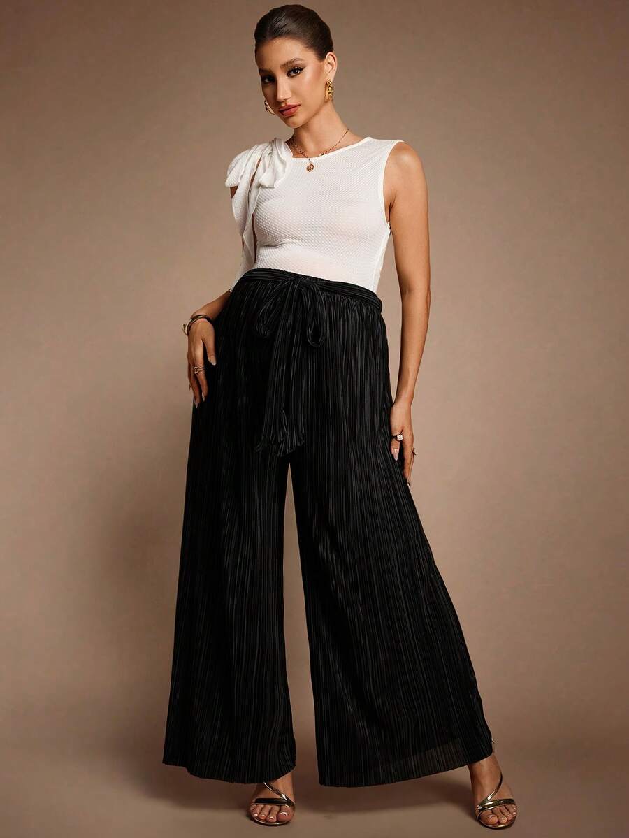 MaterniChic Pantalones anchos de pierna ancha, sueltos y texturizados de unicolor, para maternidad, de otoño - Negro - Ver 1