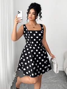 Elenzga 大码女式优雅方领黑白波尔卡圆点无袖喇叭迷你连衣裙，适合返校、毕业、节日、情人节、圣诞节、音乐节、母亲节、万圣节、感恩节、复活节、国庆节、舞会、约会、派对、婚礼、户外活动 - 黑與白 - 查看 6