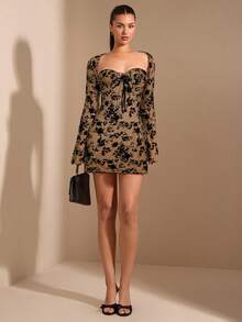 SHEIN BAE Women's Sexy Floral Print Backless Tie-Waist Mini Dress, Vacation Style - Brown - View 6