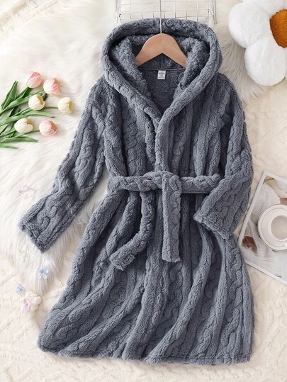 Girls' Pink Minimalist Chic Bow Floral Plush Long Sleeve Robe, Casual Sleepwear For Winter Home Scenes, Warm Fuzzy Autumn/Winter