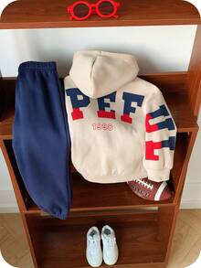 2件套男童可爱字母图案休闲连帽卫衣和运动裤套装，秋冬季 - 彩色 - 查看 3