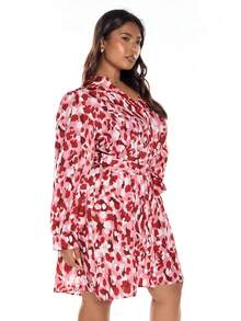 Solavibe Plus Size Pink,Autumn,Smart Casual,Everyday Women's V-Neck Casual Printed Dress,Old Money Outfit For Christmas Holiday,Office Wear & Teacher Outfit - Red - View 5