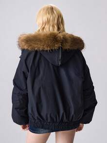 ROMWE 畅销款女式短款带帽毛领羽绒服，2025冬季新款羽绒服 - 藏蓝色 - 查看 3