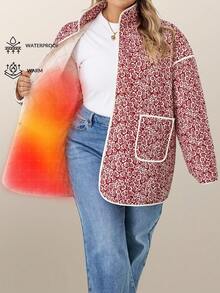 SHEIN CURVE+ Abrigo acolchado con estampado todo sobre hombros caídos, talla grande, otoño/invierno - Rojo y blanco - View 9