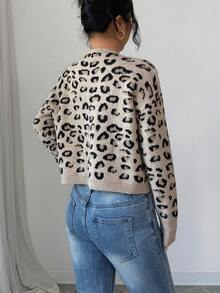 SHEIN Elenzya 2 piezas Conjunto vintage elegante de punto, chaleco de cuello halter + cárdigan cómodo, con estampado de leopardo de moda, adecuado para fiestas de otoño/invierno, salidas, viajes y citas - Caqui - Ver 2
