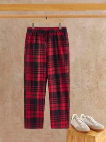 Manfinity NXTstreet 男士休闲格子印花抽绳裤，圣诞节黑色和红色法兰绒裤，冬季 - 紅色 - 查看 7
