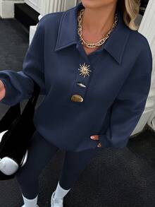 EMERY ROSE Áo nỉ dài tay dáng rộng thoải mái cho nữ có họa tiết mặt trời bằng kim loại, phù hợp cho mùa thu/đông - Màu xanh hải quân - Xem 3