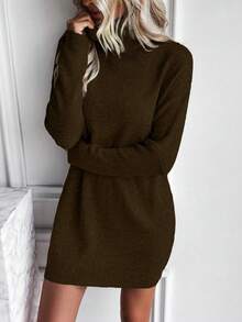 EMERY ROSE Women's Solid Color Turtleneck Batwing Long Sleeve Casual Loose Knit Sweater Dress, Autumn/Winter - Brown - View 5