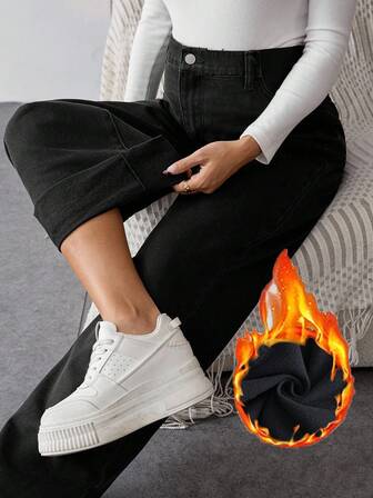 SHEIN Maternity Fall Autumn Winter Halloween Christmas New Year Thanksgiving Commuting Vacation Y2k Cute Streetwear Coquette Birthday Outfit Airport Outfit Casual Straight Leg Thermal Lined Jeans, Autumn/Winter Comfortable Maternity Warm Jeans Elastic Waist Wide Leg Winter Black Denim For Expecting Moms Fleece-Lined Jeans