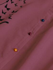 SHEIN LUNE Stand Collar Buttoned Placket Colorful Buttons Cat & Bow Graphic With Sleeve Tab Curved Hem Shirt Fall Cloth For Women - Rusty Rose - View 5