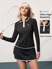 CourtClass CourtClass 休闲百搭保暖内衬长袖撞色纽扣领网球瑜伽运动 Polo 衫 - 彩色 - 查看 1