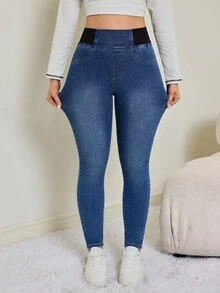 SHEIN Tall Quần Jeans Skinny Lưng Cao Co Giãn Thoải Mái, Chất Liệu Vải Thoải Mái, Màu Tối, Giặt Thường Ngày Cho Nữ, Thu/Đông - Rửa tối - Xem 2