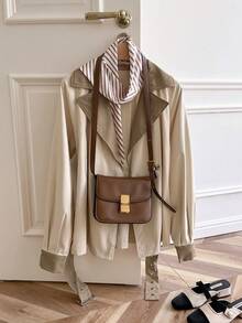 SHEIN Frenchy Damen Farbblock Kragen Raglanärmel Lässig Modisch Vielseitig Trenchcoat, Herbst/Winter Kontrast-Farbe Khaki Braun Trenchcoat, Essenzieller Alltags-Styling Klassisch Vintage-inspirierte Oberbekleidung, Wintermantel, Thanksgiving - Aprikosenfarben - Übersicht 3