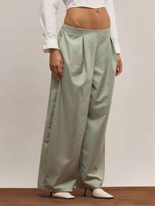 MUSERA 中腰修身褶裥阔腿裤，优雅秋冬圣诞夜外出工作可爱性感晚宴感恩节装扮 - 綠色 - 查看 3