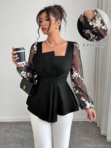 Cravure Blouse élégante pour femmes grandes tailles, col asymétrique, taille cintrée, coupe évasée, patchwork en tissu brodé et maille, automne/hiver - Noir - Voir 5