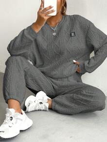 少女简约提花针织圆领长袖上衣和裤子运动服套装，深灰色 - 深灰色 - 查看 3