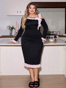 Slumberry CURVE Plus Size Asymmetric Ruffled Contrast Color Comfortable Fitted Asymmetrical Neck Long Nightgown Sexy Nightgown Plus Size, For Fall & Winter - Black - View 3