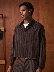 SWAVVY Men's Standard Size Long Sleeve Striped Shirt, Autumn/Winter - Red Violet - View 5