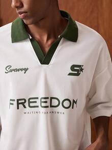 SWAVVY Camisa polo casual holgada con estampado de letras y contraste de color en los hombros caídos para hombres