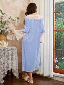 Côtesoire 女士优雅法式撞色蕾丝荷叶边睡裙家居服，冬季 - 藍色 - 查看 2