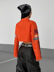 StreetHx Women's Streetwear Motorcycle Letter Print Cropped Jacket - Orange - View 2