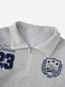 Teen Girl New Casual College Style Retro Loose Pullover Sweatshirt With Zipper, Relaxed Fit, Numeric Print, Warm Thermal Lining, Suitable For Autumn/Winter - Grey - View 3