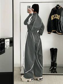 StreetHx Women's Sporty Color Block Zipper Front Wide Leg Loose Jumpsuit - Grey - View 2