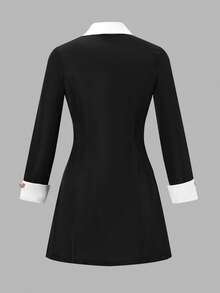 青少年女孩修身衬衫裙，带褶裙，长袖，休闲舒适 - 藏蓝色 - 查看 2