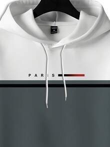 Manfinity Homme Men's Plus Size Gray & White Contrast Letter & Paris Graphic Print Hoodie Set, Fall Clothes