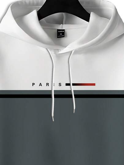 Manfinity Homme Bộ áo hoodie in họa tiết Paris và chữ tương phản màu xám & trắng cỡ lớn cho nam, trang phục mùa thu