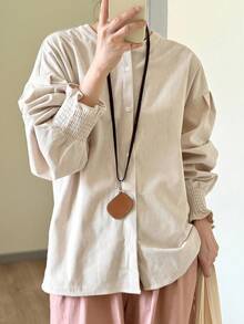 FRIFUL Áo cánh nữ màu mơ trơn cổ tròn vai dài tay có dây rút vải nhung kẻ rộng rãi, thường ngày, đa năng, mùa thu - Màu be - Xem 4