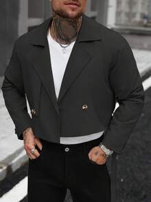 Manfinity Homme Áo khoác dài tay cài nút phía trước có túi đơn giản, thường ngày cho nam, áo khoác ngắn vải nỉ, thích hợp cho bạn bè, chồng, quà tặng bạn trai, mùa thu - màu đen - Xem 7