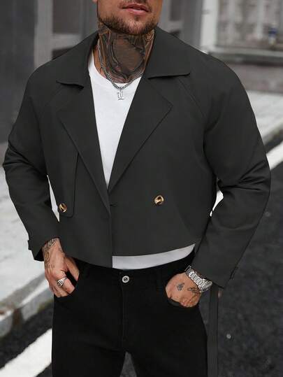 Manfinity Homme 男士纽扣前长袖口袋简约休闲风衣，外穿法兰绒短款风衣，适合送给朋友、丈夫、男朋友的礼物，秋季