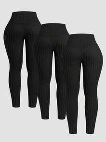 Airaco Bộ 3 quần legging nỉ gân màu trơn cỡ lớn - màu đen - Xem 2