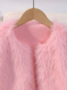 SHEIN Girls Casual Faux Fur Jacket, Cute & Fashionable Style, White Fluffy Comfortable, Suitable For Spring, Summer, Autumn, Outings, Shopping, Parties - Pink - View 4