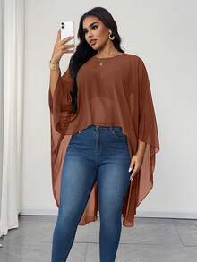 Maweii 大码纯色圆领不对称下摆优雅衬衫 - 駝色 - 查看 1