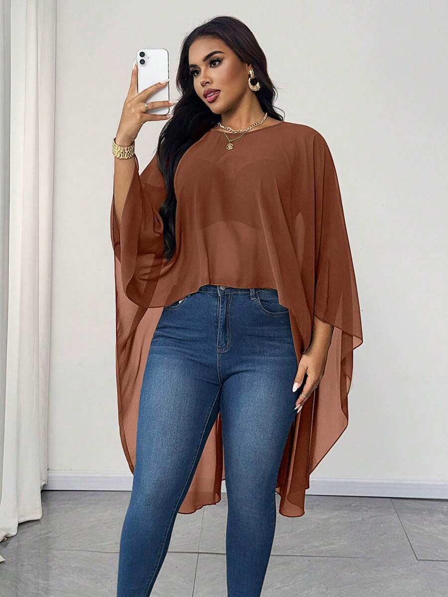 Maweii 大码纯色圆领不对称下摆优雅衬衫 - 駝色 - 查看 1