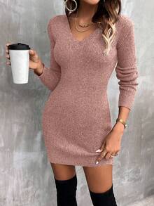 EMERY ROSE Women's Casual Solid Color Fitted Knit Dress, Autumn/Winter