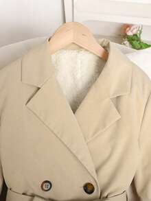 SHEIN Serisse Kids 青少年女孩编织休闲通勤外套双排扣翻领宽松保暖内衬厚长款风衣，休闲军事风格，女孩长款夹克 - 卡其色 - 查看 11