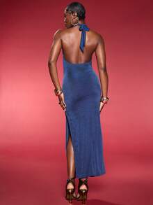 Normani Women's Solid Color Draped Slit Thigh-High Halter Neck Dress, Sexy - Blue - View 3