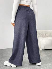 SHEIN Essnce 大码女装秋冬时尚休闲宽松日常舒适复古棕色松紧腰阔腿裤，女式下装，工作裤，秋季服装，老款，复古裤，曲线裤 - 霧霾藍 - 查看 2