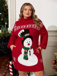 Enliva Vestido de punto con cuello alto y estampado de muñeco de nieve para mujer de talla grande, ideal para la temporada navideña/invierno, para silueta redondeada tipo manzana - Rojo - Ver 6