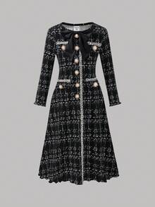 SHEIN Serisse Kids 年轻女孩优雅黑色粗花呢长袖中长连衣裙，适合派对、生日、圣诞节、活动、聚会、野餐、姐妹装 - 黑色 - 查看 9