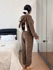 SHEIN 女士可爱兔耳毛绒蓬松睡衣连体裤女士冬季睡衣舒适套装女 - 摩卡棕 - 查看 2