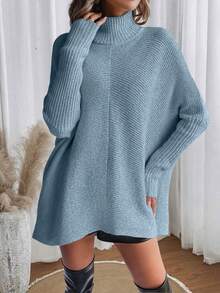 SHEIN LUNE 女式休闲纯色简约高领长袖毛衣 - 霧霾藍 - 查看 4