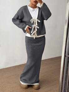 Flirla 2pcs Ombre Bowknot Strap Casual Basic Knit Set, Autumn/Winter - Multicolor - View 3