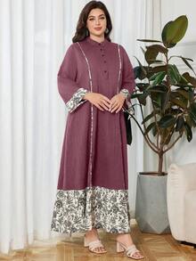 Lacomfia Plus Size Casual Printed Patchwork Long Sleeve Loose Fit Dress, Spring/Autumn - Multicolor - View 5