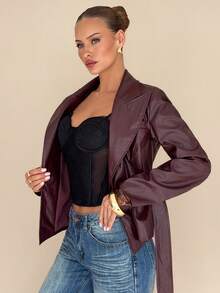 Franclia 时尚鳄鱼皮系带宽松女式夹克 - 紅木色 - 查看 5