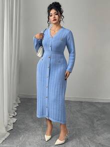 SHEIN Lacomfia Váy dệt kim màu trơn thanh lịch cỡ lớn có nút phía trước - Màu xanh lam - Xem 5